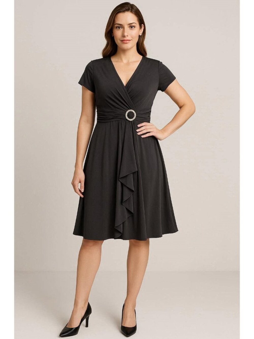 Black Sz 16 Cascade Faux Wrap Dress Rhinestone Buckle Lined Stretch